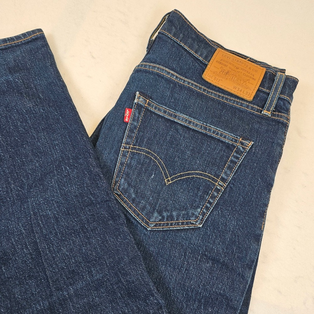 Levis Premium 512 Slim Taper Jeans Mens 34x32 Dark Indigo Blue WaterLess Denim